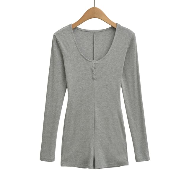 Slim-Fit Romper with Scoop Neckline and Henley Long Sleeves