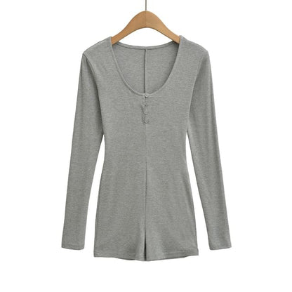Slim-Fit Romper with Scoop Neckline and Henley Long Sleeves
