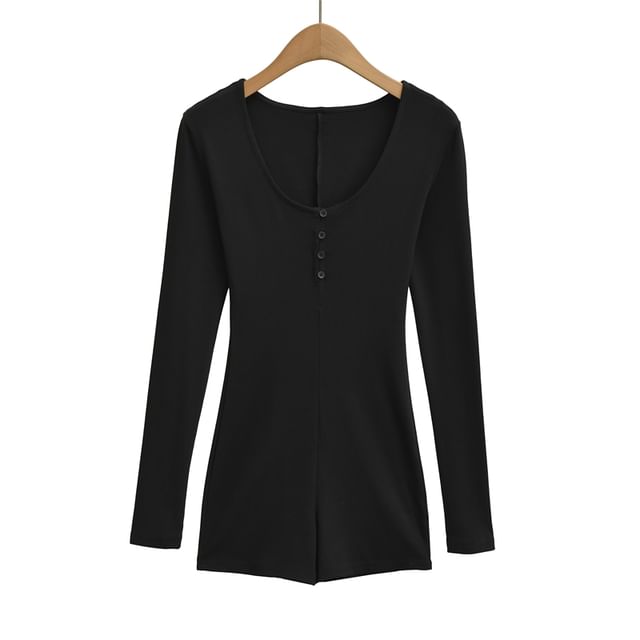 Slim-Fit Romper with Scoop Neckline and Henley Long Sleeves