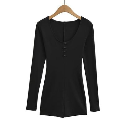 Slim-Fit Romper with Scoop Neckline and Henley Long Sleeves