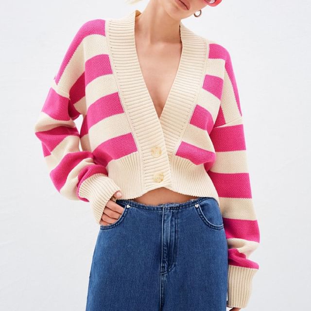 V-Neck Striped Crop Cardigan