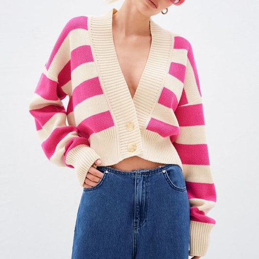 V-Neck Striped Crop Cardigan