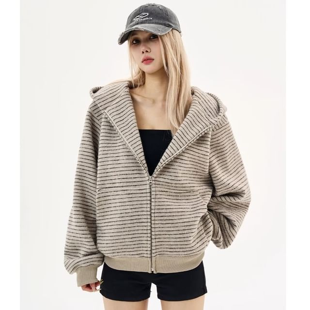 Striped Hooded Zip-Up Cardigan