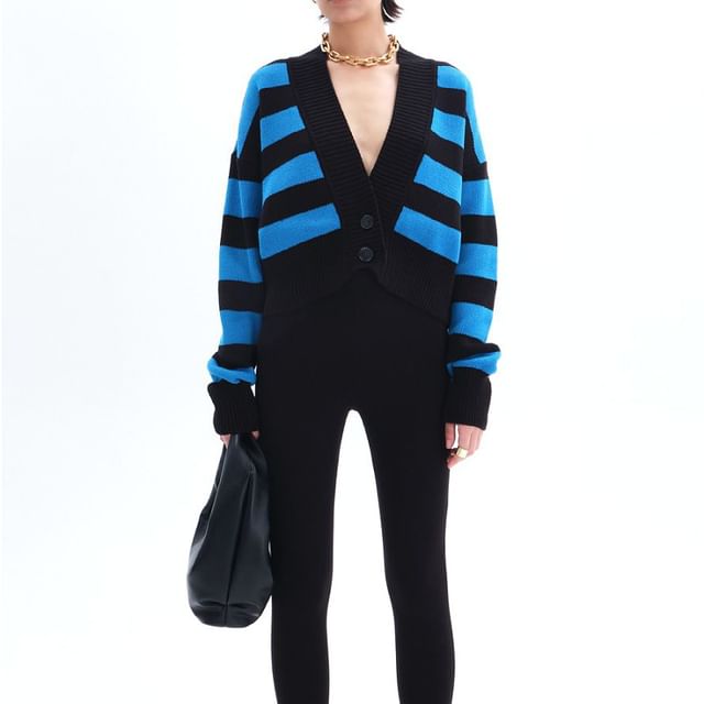 V-Neck Striped Crop Cardigan