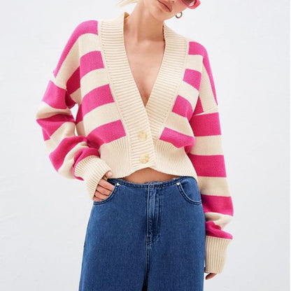 V-Neck Striped Crop Cardigan