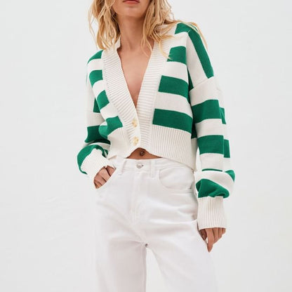 V-Neck Striped Crop Cardigan