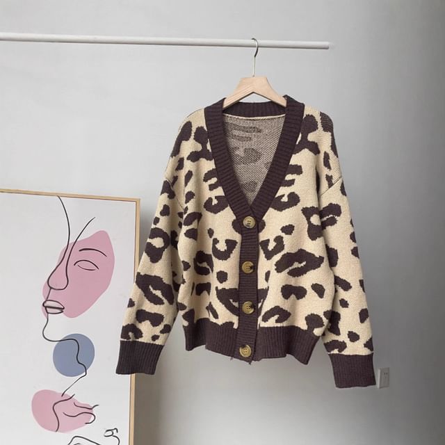 V-Neck Leopard Print Cardigan