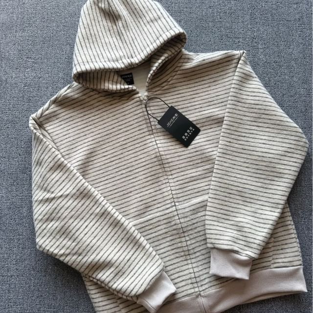 Striped Hooded Zip-Up Cardigan