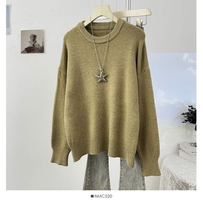 Crew-Neck Loose-Fit Pullover Sweater with Long Sleeves