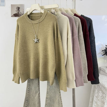 Crew-Neck Loose-Fit Pullover Sweater with Long Sleeves