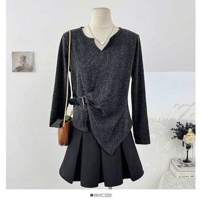 Loose-Fit V-Neck Top with Asymmetric Hem and Long Sleeves