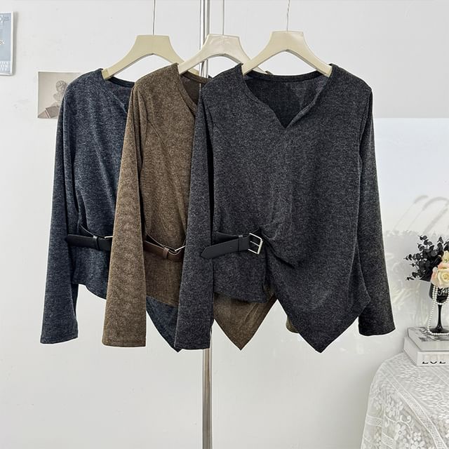 Loose-Fit V-Neck Top with Asymmetric Hem and Long Sleeves
