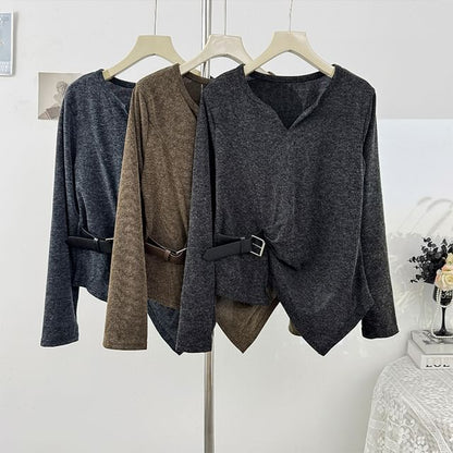 Loose-Fit V-Neck Top with Asymmetric Hem and Long Sleeves