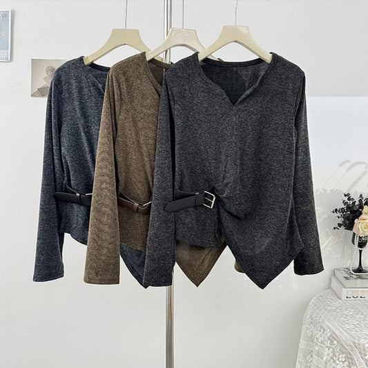 Loose-Fit V-Neck Top with Asymmetric Hem and Long Sleeves