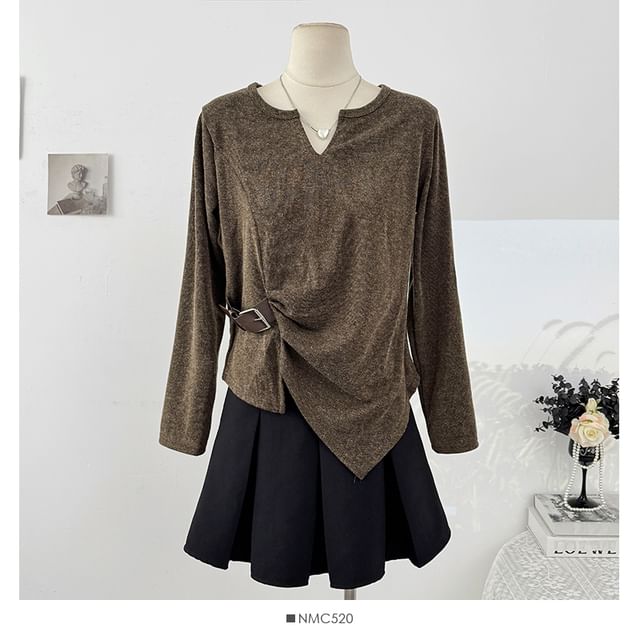 Loose-Fit V-Neck Top with Asymmetric Hem and Long Sleeves