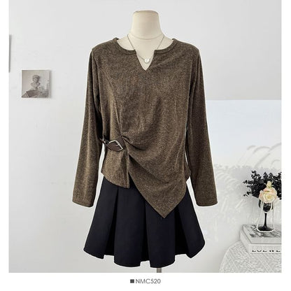 Loose-Fit V-Neck Top with Asymmetric Hem and Long Sleeves
