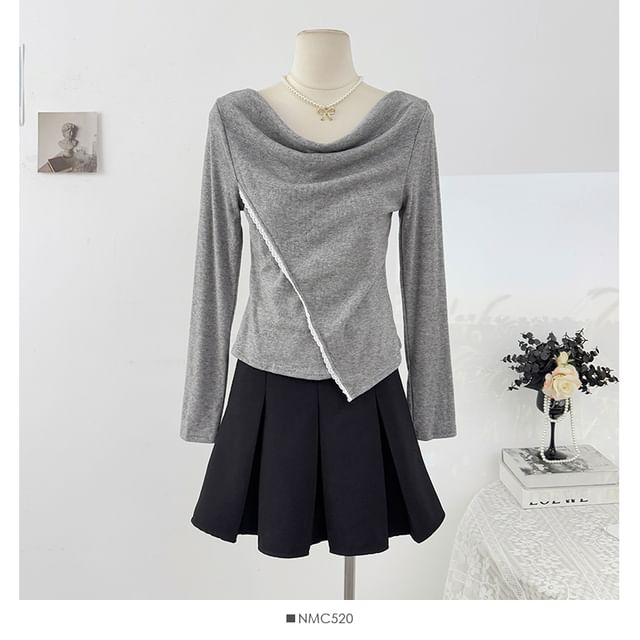 Extended Sleeve Cowl Neck Lace Trim Slim Blouse