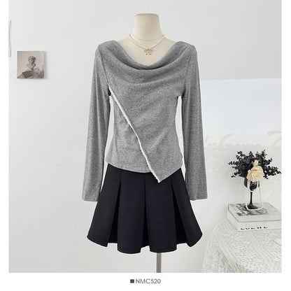 Extended Sleeve Cowl Neck Lace Trim Slim Blouse