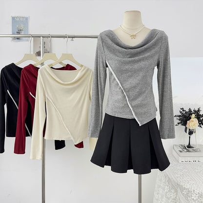 Extended Sleeve Cowl Neck Lace Trim Slim Blouse