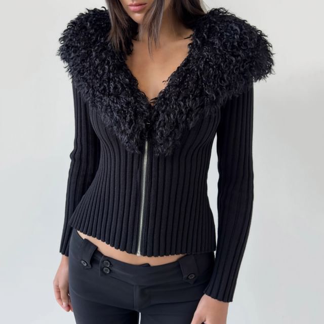 Long Sleeve V-Neck Faux Fur Trim Ribbed-Knit Zip-Up Cardigan