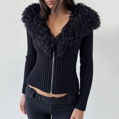 Long Sleeve V-Neck Faux Fur Trim Ribbed-Knit Zip-Up Cardigan