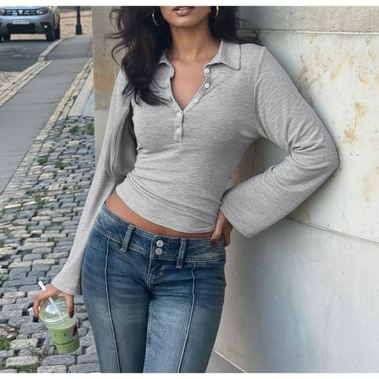 Slim-Fit V-Neck Polo Top with Long Sleeves