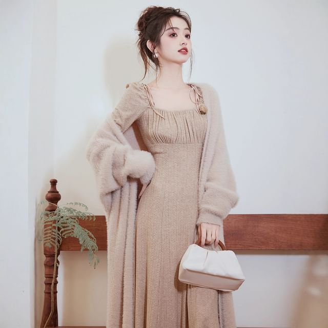 Long Sleeve Square Neck Plain Gathered Midi A-Line Dress / Plain Midi Open Front Cardigan