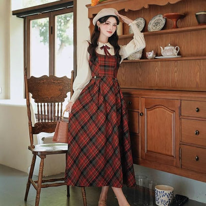 Long Sleeve Collared Pintuck Lace Applique Blouse / Bow Tie / Square Neck Plaid Maxi A-Line Overall Dress / Set
