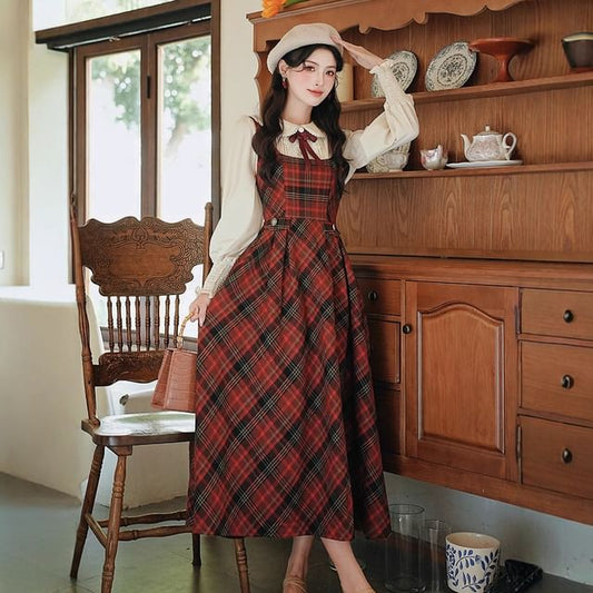 Long Sleeve Collared Pintuck Lace Applique Blouse / Bow Tie / Square Neck Plaid Maxi A-Line Overall Dress / Set