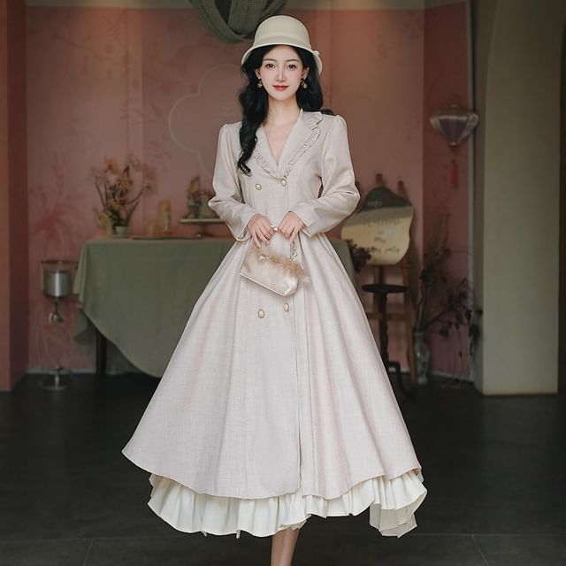 Set: Long Sleeve Collared Frill Double Breasted Midi A-Line Dress / Bow Capelet