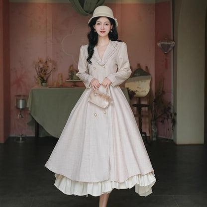 Set: Long Sleeve Collared Frill Double Breasted Midi A-Line Dress / Bow Capelet