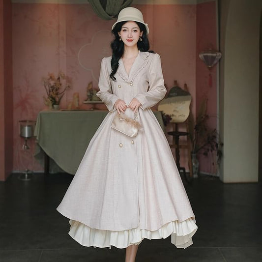 Set: Long Sleeve Collared Frill Double Breasted Midi A-Line Dress / Bow Capelet