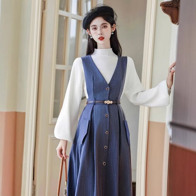 Set: Mock Neck Plain Ribbed Sweater + V-Neck Plain Button Midi A-Line Pinafore Dress + Belt