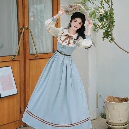 Long Sleeve Collared Bow Striped Ruffle Pleated Mock Two Piece Maxi A-Line Dress / Bow Tie / Belt / Set