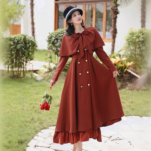 Set: Long Sleeve Collared Ruffle Panel Double Breasted Midi A-Line Dress + Plain Bow Capelet