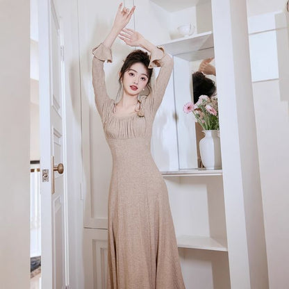 Long Sleeve Square Neck Plain Gathered Midi A-Line Dress / Plain Midi Open Front Cardigan