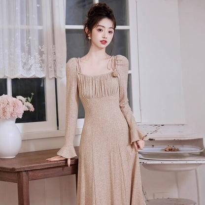 Long Sleeve Square Neck Plain Gathered Midi A-Line Dress / Plain Midi Open Front Cardigan