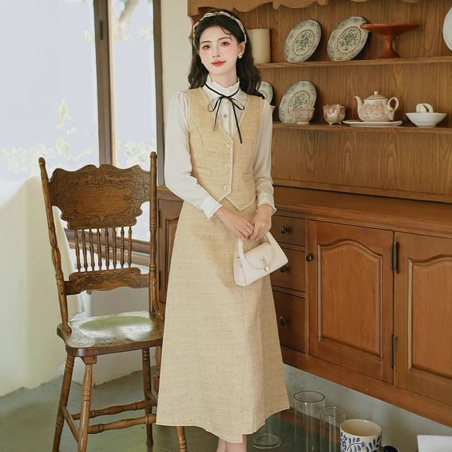 Long Sleeve Stand Collar Floral Embroidered Bow Frill Blouse / V-Neck Tweed Button Vest / High Rise Midi A-Line Skirt / Set
