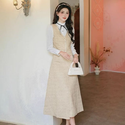 Long Sleeve Stand Collar Floral Embroidered Bow Frill Blouse / V-Neck Tweed Button Vest / High Rise Midi A-Line Skirt / Set