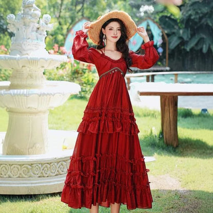 Long Sleeve V-Neck Ruffle Tiered Maxi A-Line Dress / Patterned Fringe Hooded Cape / Set