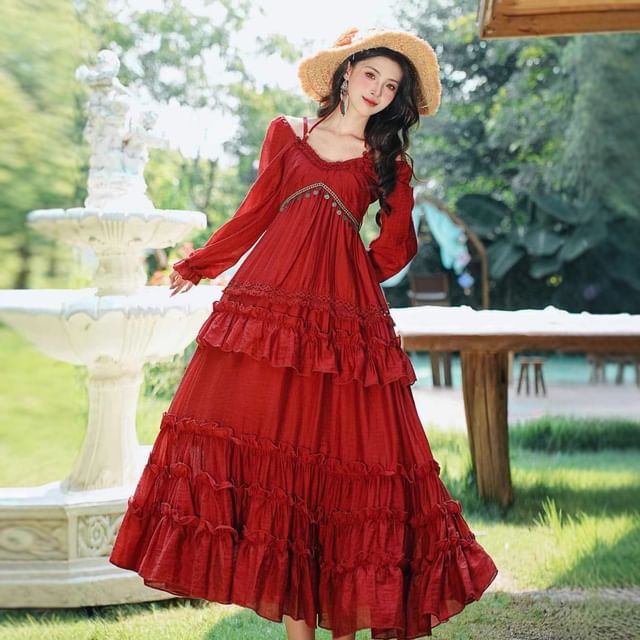 Long Sleeve V-Neck Ruffle Tiered Maxi A-Line Dress / Patterned Fringe Hooded Cape / Set