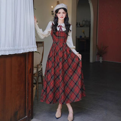 Long Sleeve Collared Pintuck Lace Applique Blouse / Bow Tie / Square Neck Plaid Maxi A-Line Overall Dress / Set