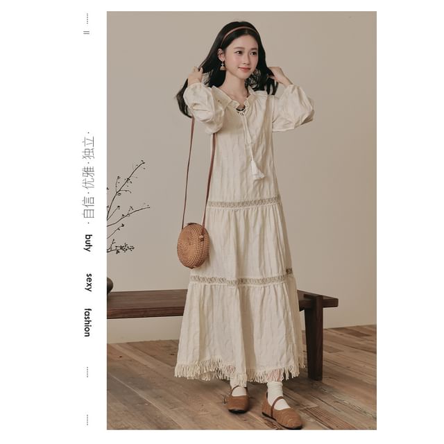 Long Sleeve Tie Neck Fringe Tiered Maxi A-Line Dress / V-Neck Contrast Stitch Faux Suede Button Vest / Set