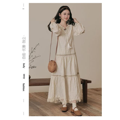 Long Sleeve Tie Neck Fringe Tiered Maxi A-Line Dress / V-Neck Contrast Stitch Faux Suede Button Vest / Set