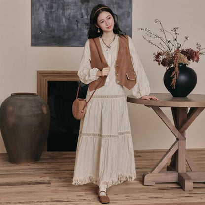 Long Sleeve Tie Neck Fringe Tiered Maxi A-Line Dress / V-Neck Contrast Stitch Faux Suede Button Vest / Set