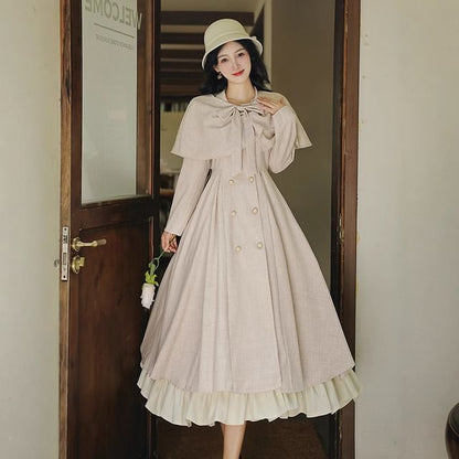 Set: Long Sleeve Collared Frill Double Breasted Midi A-Line Dress / Bow Capelet