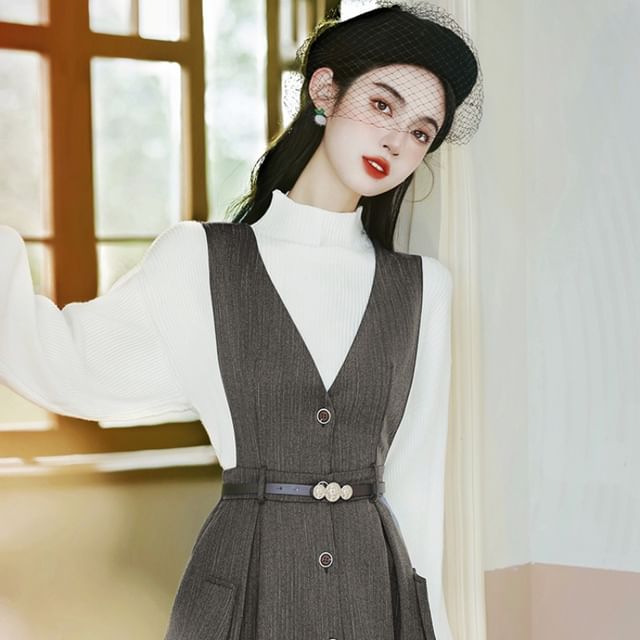 Set: Mock Neck Plain Ribbed Sweater + V-Neck Plain Button Midi A-Line Pinafore Dress + Belt