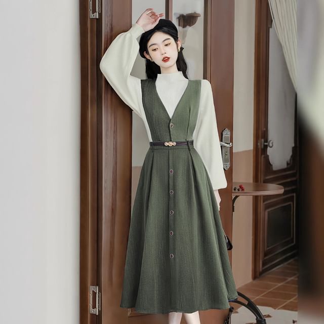 Set: Mock Neck Plain Ribbed Sweater + V-Neck Plain Button Midi A-Line Pinafore Dress + Belt