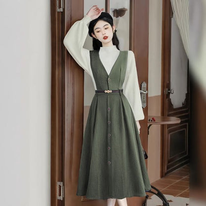 Set: Mock Neck Plain Ribbed Sweater + V-Neck Plain Button Midi A-Line Pinafore Dress + Belt