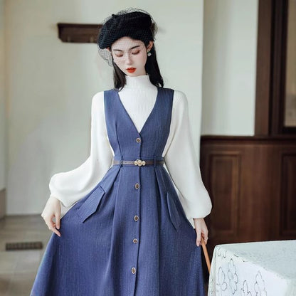 Set: Mock Neck Plain Ribbed Sweater + V-Neck Plain Button Midi A-Line Pinafore Dress + Belt